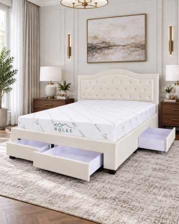 Paturi - Pat 180x200 Terasino Crem cu 4 sertare Tapitat Catifea Somiera Inclusa