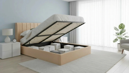 Paturi - Pat Tossino 160x200 cm Lada Depozitare Tapitat Catifea Nuanta Bej Marketmob