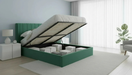 Paturi - Pat Tossino 160x200 cm Lada Depozitare Tapitat Catifea Nuanta Verde Marketmob