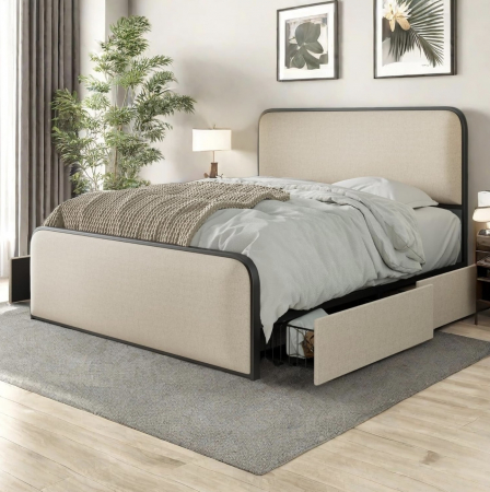 Paturi - Pat Vida 160x200 cm 4 Sertare Tapitat Stofa Bej Somiera Metalica Inclusa Model M20