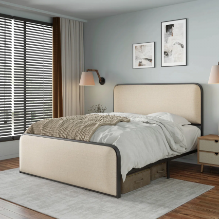 Paturi - Pat Vida 160x200 cm Tapitat Stofa Bej Somiera Metalica Inclusa