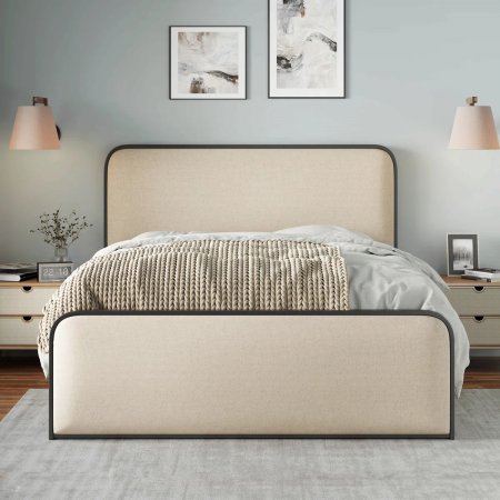 Paturi - Pat Vida 180x200 cm Tapitat Stofa Bej Somiera Metalica Inclusa Model M20