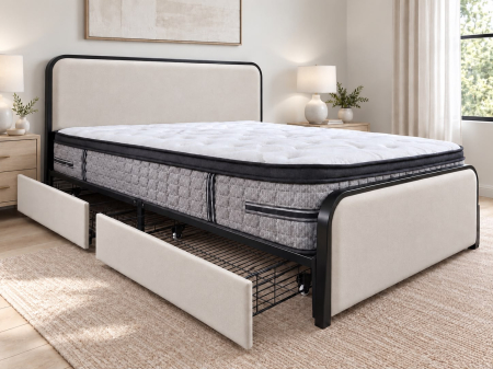 Paturi - Pat Vida 160x200 cm 4 Sertare Tapitat Stofa Bej Somiera Metalica Inclusa Model M20