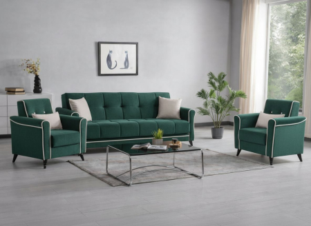 Produse - Set canapea cu fotoliu 3+1+1 model Viktorya Lada Depozitare Tapitat Catifea VERDE/CREM