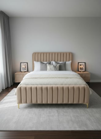 Produse - Pat+2 Noptiere Melinda 180x200 cm Tapitat Catifea Bej