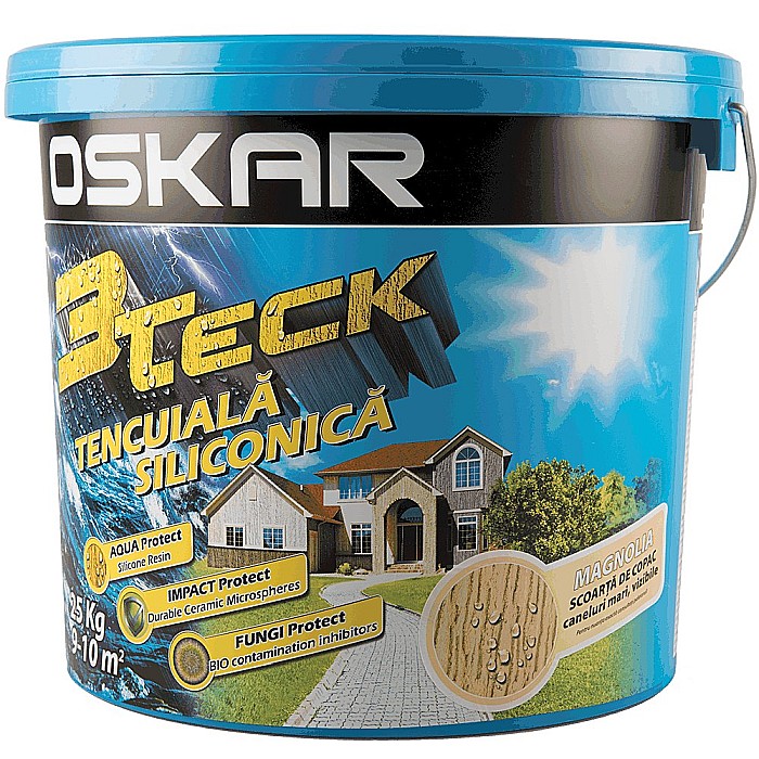 TENCUIALA DECORATIVA SILICONICA 3TECK, STRUCTURATA, ASPECT SCOARTA DE COPAC, MAGNOLIA, INTERIOR / EXTERIOR, 25 KG, OSKAR [1]