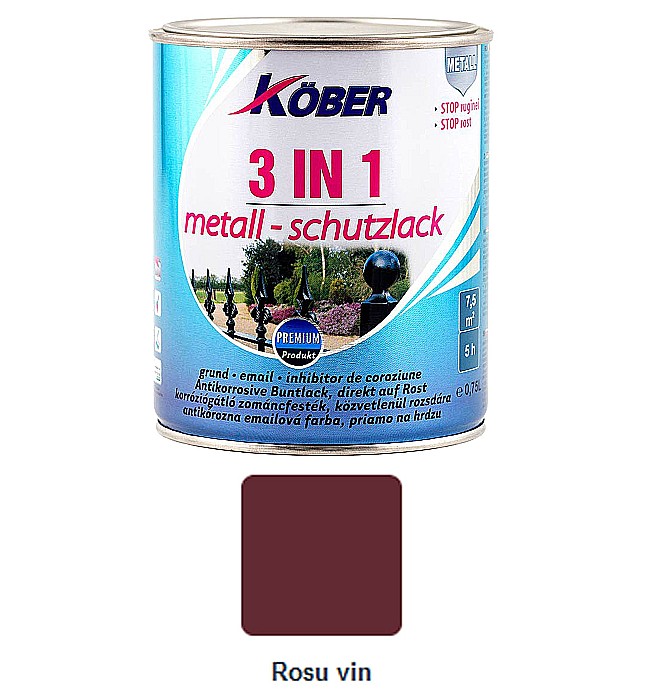 VOPSEA ALCHIDICA PENTRU METAL, 3 IN 1, INTERIOR / EXTERIOR, ROSU VIN, 0.75L, KOBER [1]