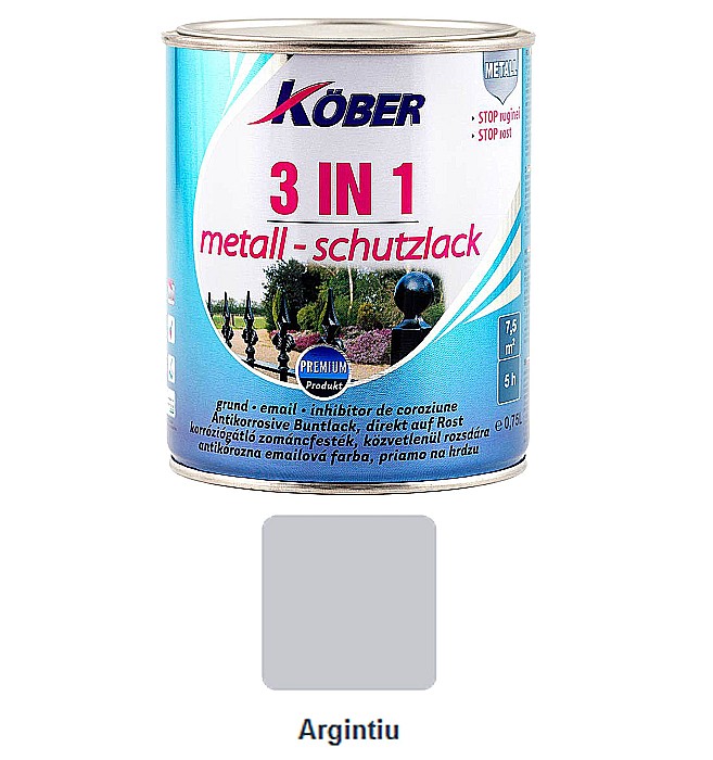 VOPSEA ALCHIDICA PENTRU METAL, 3 IN 1, INTERIOR / EXTERIOR, ARGINTIU, 0.75L, KOBER [1]