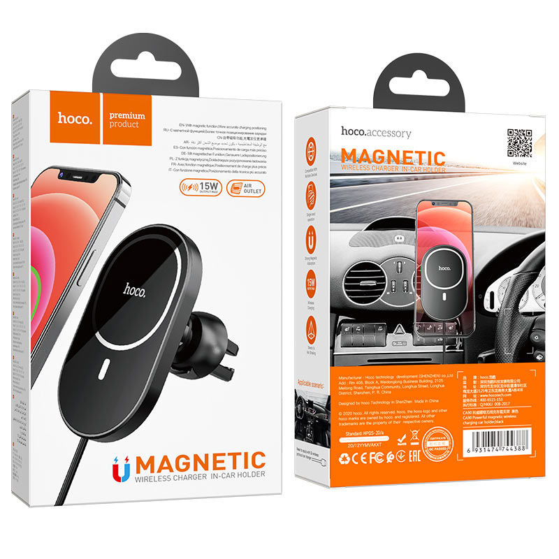 Kit Incarcator Auto Hoco CA90 Powerful magnetic wireless charging car holder 15W Black [6]