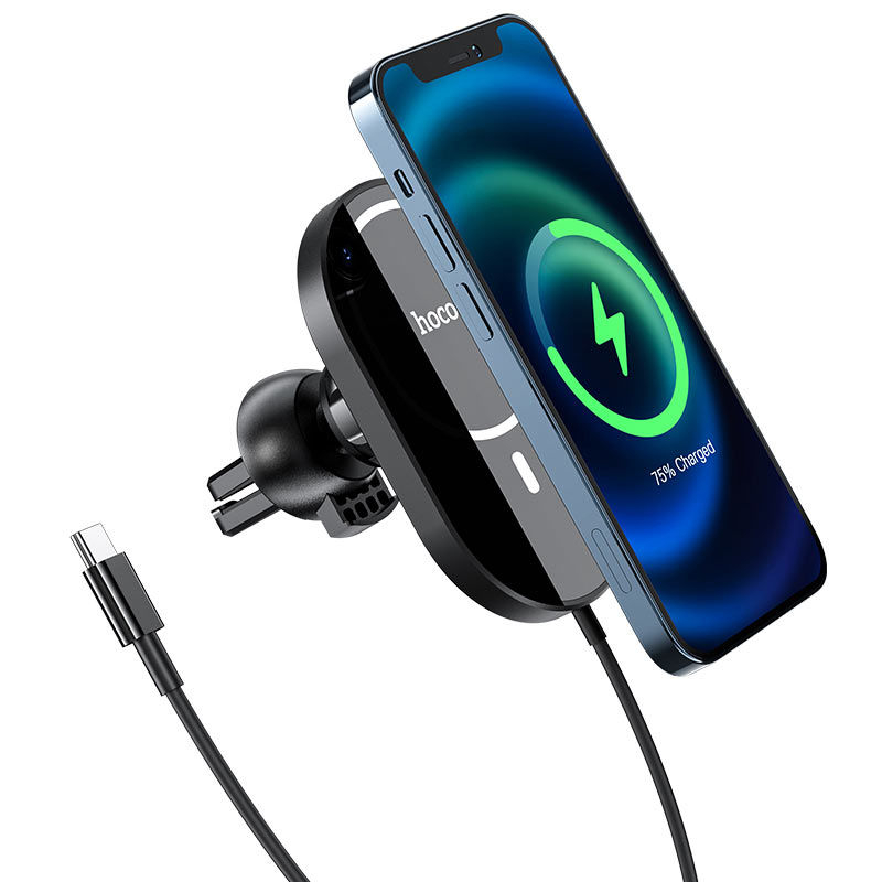Kit Incarcator Auto Hoco CA90 Powerful magnetic wireless charging car holder 15W Black [1]