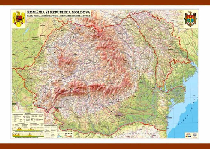 Romania si Republica Moldova. Harta fizica, administrativa si a substantelor minerale utile [1]
