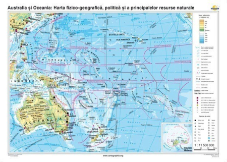 Harti geografice - Australia si Oceania. Harta fizico-geografica, politica si a principalelor resurse naturale