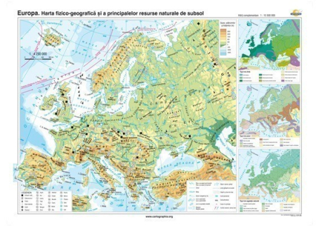 Harti geografice - Europa. Harta fizico-geografica si a principalelor resurse naturale de subsol