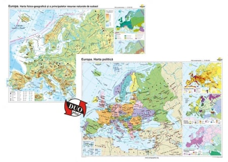 Harti geografice - Europa. Harta fizico-geografica si a principalelor resurse naturale de subsol si Europa. Harta politica