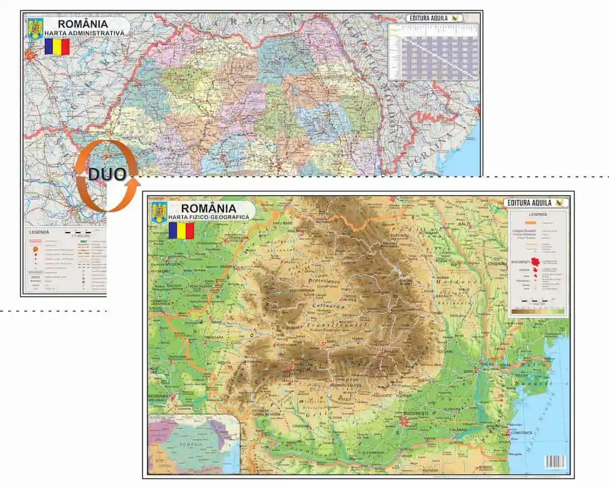 Harti geografice - Harta Romaniei, 120x160 cm Fizica/Administrativa, Plastifiata