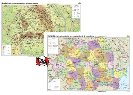 Harti geografice - Romania. Harta fizico-geografica si a resurselor naturale de subsol si Romania. Harta administrativa si a principalelor cai de comunicatie