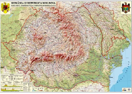 Harti marimi uriase - Romania si Republica Moldova. Harta fizica, administrativa si a substantelor minerale utile