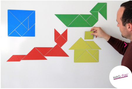 Geometrie - elemente intoductive - Set Tangram 4 culori, 28 piese MAGNETICE