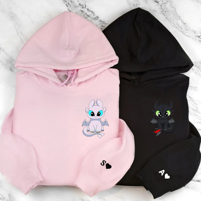 Set Hanorace Cuplu – Dragoni Stil Night Fury – Alb & Negru, Unisex [2]