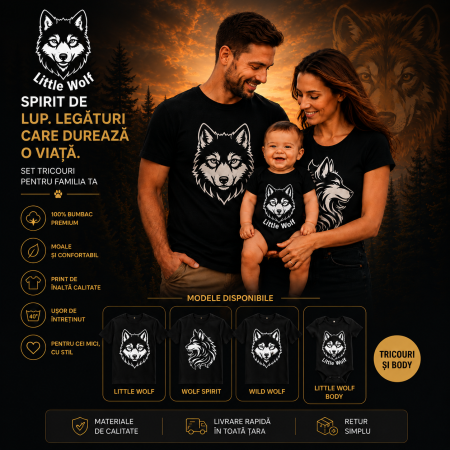 TRICOURI PERSONALIZATE FAMILIE - Set Tricouri Personalizate Familie Wolf Family – Tricouri Negre Premium + Body Bebe