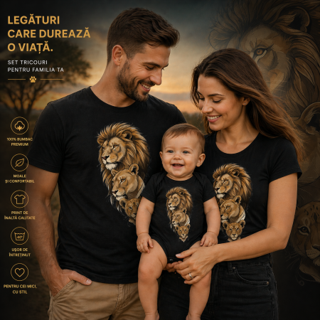 TRICOURI PERSONALIZATE FAMILIE - Set Tricouri Personalizate Familie Lion Family – Tricouri Negre Premium + Body Bebe
