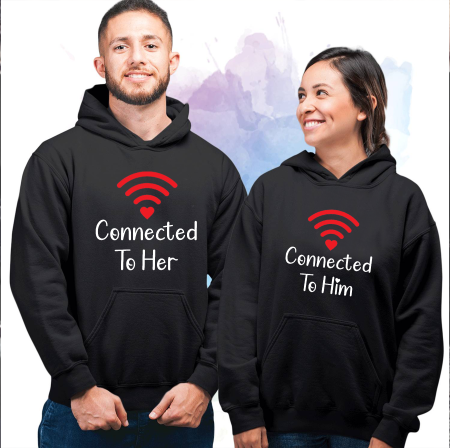 HANORACE PERSONALIZATE CUPLURI - Hanorace cuplu „Connected with Her & Connected with Him” – Set Hanorace Asortate pentru Iubiti