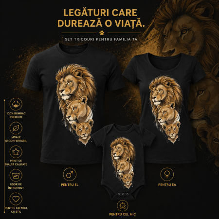 Set Tricouri Personalizate Familie Lion Family – Tricouri Negre Premium + Body Bebe [1]
