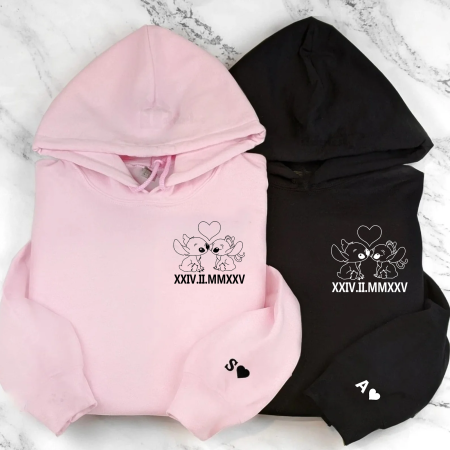 Hanorace personalizate cuplu Stitch cu initiale si dată în cifre romane [1]