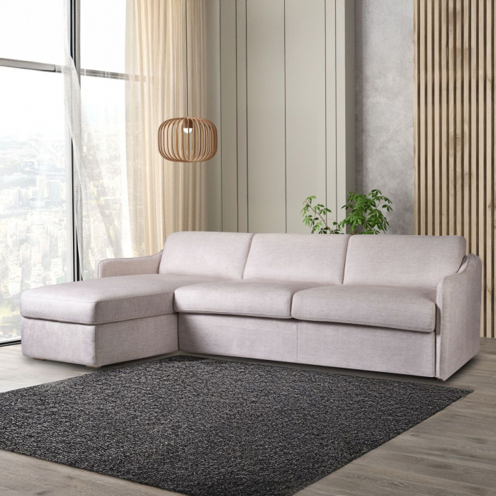 Coltar ARIANNA extensibil, element tip pat matrimonial si element sezlong interschimbabil cu lada de depozitare, Stofa, 259x201 cm [2]