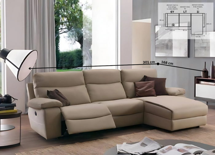Coltar CASANOVA, 3 locuri cu recliner electric stanga si sezlong dreapta, piele naturală italiană, 301x168 cm [2]