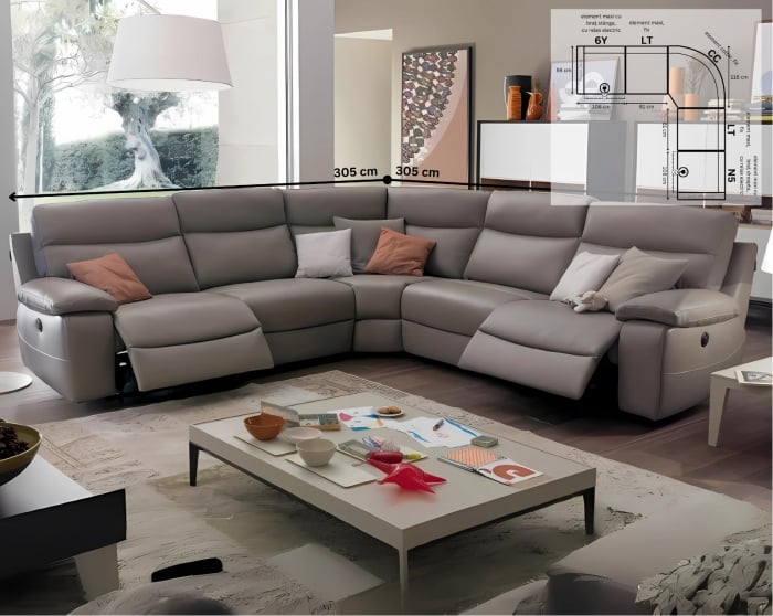 Coltar CASANOVA, 5 locuri cu 2 reclinere electrice pe lateral, piele naturală italiană, 305x305 cm [4]