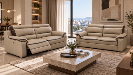 Canapele Piele - Set living BELLO cu 2 canapele de 3 locuri, reclinere electrice, Bej Capucino 3856 și Maro Ciocolată 4191