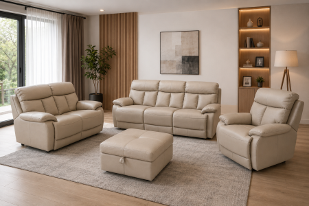 Lichidări de Stoc - Set GHITA piele naturală bej cu canapele fotoliu recliner și pouf container