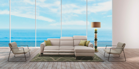 Canapele Stofa - Colțar BALTIC, 3 locuri, cu 2 reclinere electrice și șezlong pe dreapta, tetiere reglabile și port USB, 287/171 cm, stofă