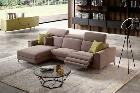 Canapele Stofa - Colțar BALTIC, 3 locuri, cu recliner electric pe dreapta și șezlong pe stânga, tetiere reglabile și port USB, 287/171 cm, stofă