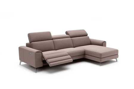 Canapele Stofa - Colțar BALTIC, 3 locuri, cu recliner electric pe stânga și șezlong pe dreapta, tetiere reglabile și port USB, 287/171 cm, stofă