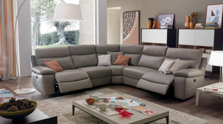 Bőrkanapék - Coltar CASANOVA, 5 locuri cu 2 reclinere electrice pe lateral, piele naturală italiană, 305x305 cm