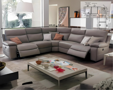 Coltar CASANOVA, 5 locuri cu 2 reclinere electrice pe lateral, piele naturală italiană, 305x305 cm [3]
