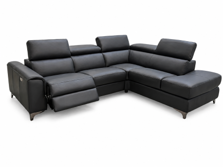 Canapele Piele - Colțar VELA piele naturală neagră cu recliner electric și șezlong dreapta