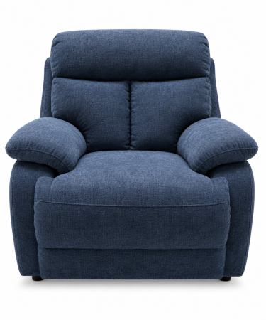 Fotoliu GHITA fix, tapițat în stofă Albastru Denim B1575. Spătar înalt, șezut generos și brațe capitonate. Dimensiuni orientative: 104 × 102 × 102 cm. Produs în lichidare de stoc.