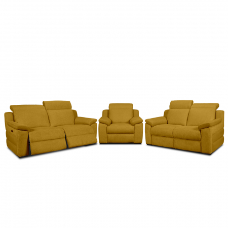 Relax kanapék - Set 3 canapele VENTADOR, 3-locuri cu 2-reclinere electrice, 2-locuri fara reclinere si fotoliu cu recliner electric, stofa bicolora