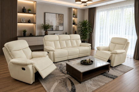 Lichidări de Stoc - Set GHITA piele naturală crem cu canapea recliner electrică și două fotolii recliner