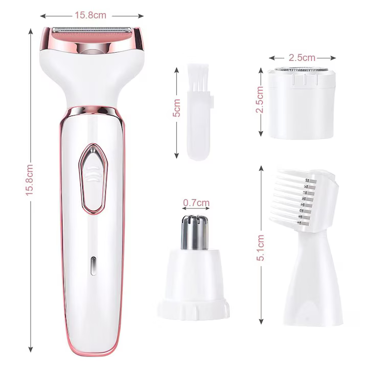 Aparat de ras și trimmer 4 în 1, reîncărcabil USB, utilizare Wet & Dry, pentru corp, față, sprâncene și nas, epilator multifuncțional, alb [3]