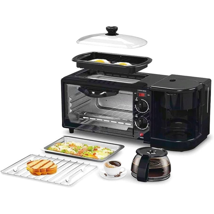 Aparat electric pentru mic dejun 3 în 1, cuptor 12L cu grill și cafetieră 800 ml, putere 1360W, 4 trepte de temperatură, funcție timer, carcasă inox [3]
