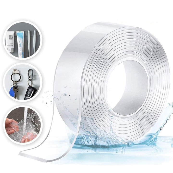 Bandă dublu adezivă reutilizabilă 3m x 5cm, material acrilic transparent, rezistentă la apă, 2 mm grosime, fixare puternică pe suprafețe netede [5]