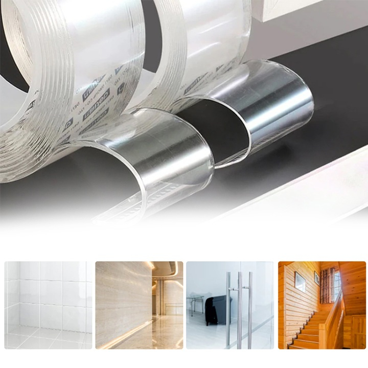 Bandă dublu adezivă reutilizabilă 3m x 5cm, material acrilic transparent, rezistentă la apă, 2 mm grosime, fixare puternică pe suprafețe netede [3]