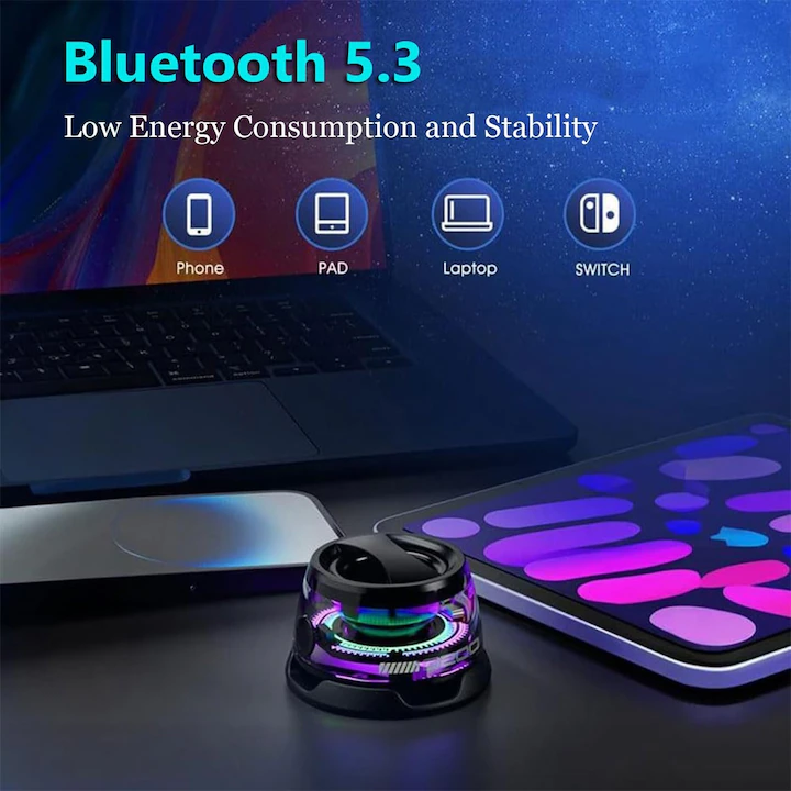 Boxă Bluetooth Rezistentă la Apă IPX7, Iluminare RGB, Sunet 3D cu TWS Dual Channel, Design Magnetic pentru Telefoane și Suprafețe Metalice, Construcție Compactă și Durabilă, Culoare Negru [3]