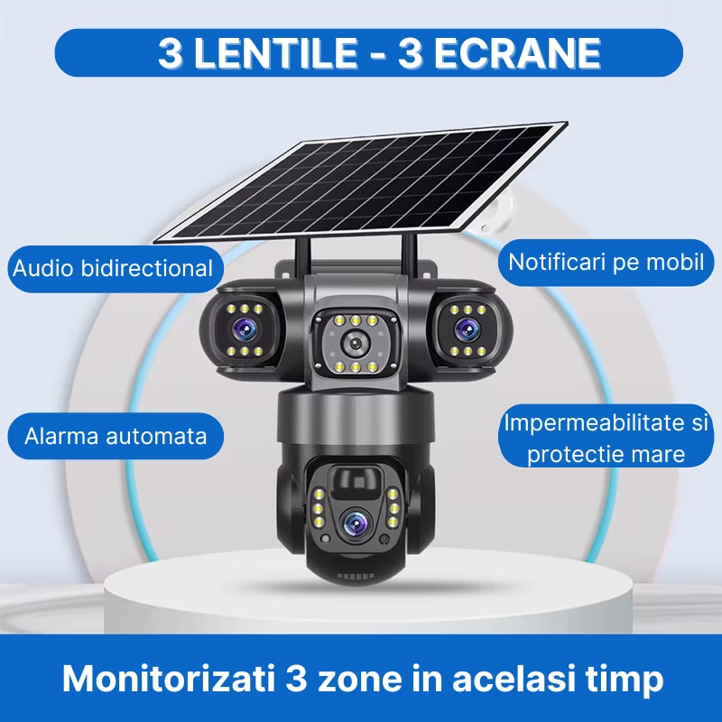 Cameră de supraveghere triplă, 6MP, 4G cu panou solar, 3 lentile, monitorizare video 360°, iluminare LED și alimentare solară [2]