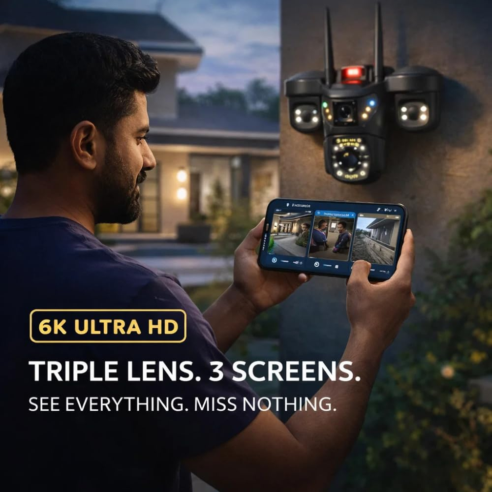 Cameră de supraveghere WiFi 5MP×3, 3 obiective, vizualizare simultană pe 3 ecrane, PTZ 360°, vedere nocturnă color, detectare mișcare, audio bidirecțional și protecție IP66 [8]
