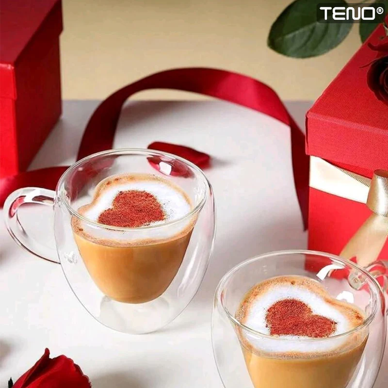 Cană din sticlă cu perete dublu 250 ml, design modern inimioară, termorezistentă, sticlă borosilicată anticondens, 9×8 cm [6]